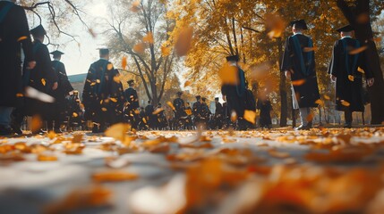 Students at graduation in autumn park. concept of hard studying
