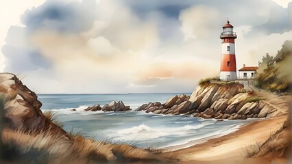 Lighthouse on the seashore at sunset. Beautiful seascape, sketch art illustration painted with watercolor for design, template, artwork, wallpaper