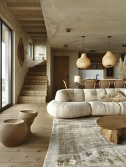 Fototapeta na wymiar Modern Living Room with Natural Wood Accents and Textured Decor