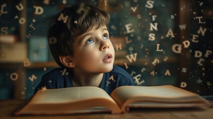 little boy with dyslexia trying to read a book. concept of problems with education