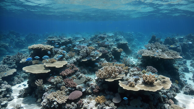  a photo of a coral reef. The coral is in various shades of brown and gray, and there are some small fish swimming around. The water is a deep blue color