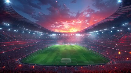 A football stadium lights up the night sky as the green pitch gleams under the floodlights, setting the stage for an exciting match. - obrazy, fototapety, plakaty