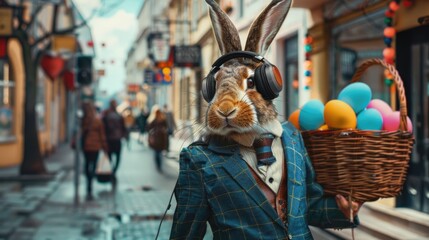 Cute bunny call center worker, online support worker in headphones with laptop. Bunny working outside. Funny creative concept for advert, poster, app, web - obrazy, fototapety, plakaty