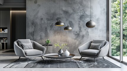 Grey double snuggle chair creating a focal point of a modern style living room, stucco wall adds texture and visual interest to the space, the room fostering a relaxed yet fresh and modern atmosphere 