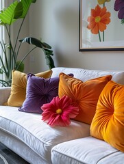 Colorful Throw Pillows on Modern White Sofa