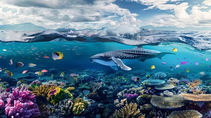 Fototapeta premium From beneath the ocean's surface, a split view unveils the enchanting scene of a whale gliding alongside an array of colorful marine life, showcasing the dynamic harmony of underwater ecosystems.