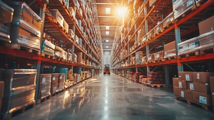 A retail warehouse full of shelves with merchandise in boxes. With pallet and forklift and sunlight Logistics and transportation, blurred background Distribution center.