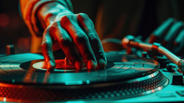 DJ at the turntable mixing in a night club. party concept 
