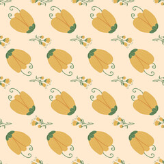 Crocus seamless pattern. Floral endless background. Flower and foliage loop tiled ornament Summer botanic repeat cover. Vector hand drawn illustration.