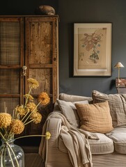 Cozy Living Room Interior with Wooden Cabinet and Comfortable Sofa