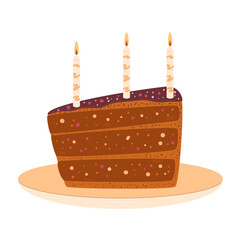 Birthday cake. Sweet holiday bakery piece. Pastry dessert with cream and three candles for breakfast. Vector pie hand drawn illustration isolated on white background.