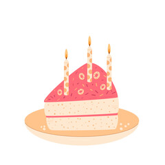 Birthday cake slice. Sweet holiday bakery piece. Vector pie hand drawn illustration isolated on white background.