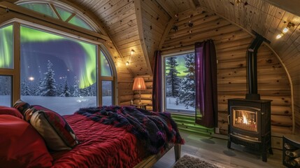 Imagine falling asleep under a blanket of stars warmed by the crackling fireplace as the vibrant colors of the aurora borealis cascade over your loft. 2d flat cartoon.