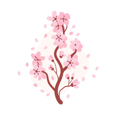 Sakura tree branch. Floral composition. Japanese cherry blossom simple element. Vector flat hand drawn illustration.