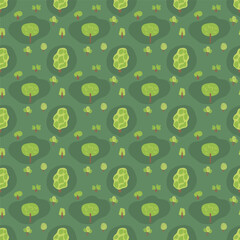 Summer forest landscape seamless pattern. Trees meadow endless background. Park repeat cover. Nature environment loop ornament. Vector hand drawn illustration.