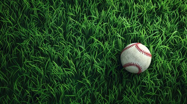White old baseball ball on fresh green grass with copy space closeup. American sports baseball game.