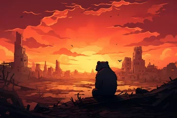 Rollo cartoon illustration, a bear in a destroyed city with a sunset © Julaini