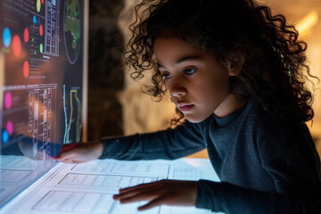 Girl examining a scientific chart or graph - obrazy, fototapety, plakaty