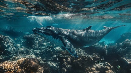 In the depths of the ocean, a captivating split view showcases the awe-inspiring sight of a whale swimming harmoniously amidst a bustling underwater ecosystem.