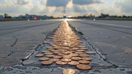 center line made of coins on a airplane runway with the glow of sunset reflecting off the surface - wide format - obrazy, fototapety, plakaty