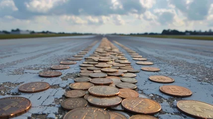 Foto op Aluminium center line made of coins on a airplane runway with the glow of sunset reflecting off the surface - wide format © Rozeena