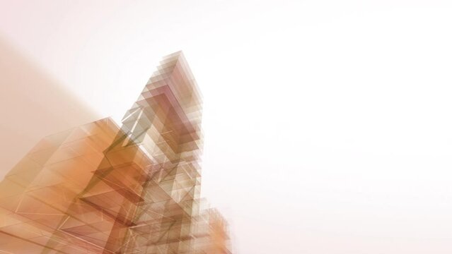 Abstract architecture. Loop section between 11:00-31:00. Modern urban city motion background with copy space. Low angle camera moves past transparent buildings.
