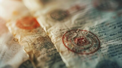 Softly blurred background of legal documents highlighting intricate details of stamps and seals creating a sense of authenticity and formality. .