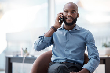 Black man, phone call and talking in office, networking and negotiation on deal for company. Male...