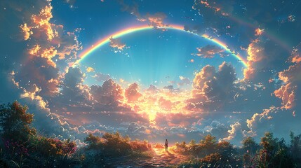 Fototapeta premium Rainbow Radiance: Anime Aesthetic in Azure Horizon