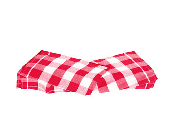 Closeup of a red and white checkered napkin or tablecloth texture isolated on white background. Kitchen accessories. Top view. - obrazy, fototapety, plakaty