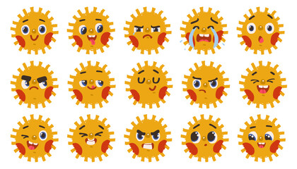 Set of cartoon suns showing different emotions. Vector illustration