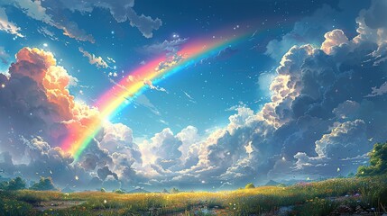 Rainbow Radiance: Anime Aesthetic in Azure Horizon - obrazy, fototapety, plakaty