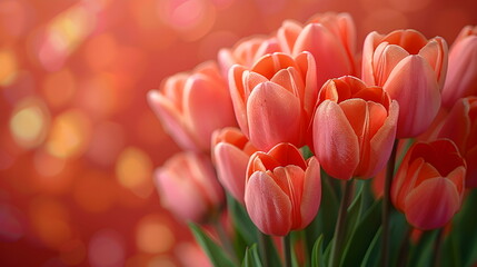 Obraz premium Banner with flowers on a light background. Bouquet of tulips on a pink background. Greeting card template for wedding, mother's day or women's day. Spring composition with copy space. Flat style