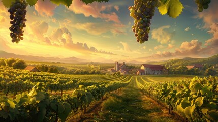 Aesthetically Captivating Vineyard: The Majestic Domain of Grapevines Under the Warm Hues of the Setting Sun