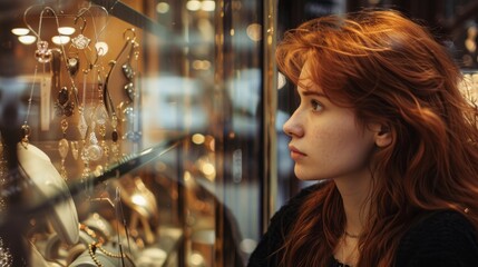 A woman with red hair is looking at a display of jewelry in a store - Powered by Adobe