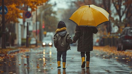 Child flies or jump with large yellow umbrella. Kid walks in rain in an autumn park. Back view