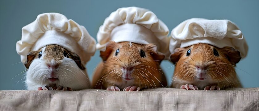 Three guinea pigs wearing chef hats prepare miniature dishes in a tiny kitchen. Concept Pet Photography, Culinary Guinea Pigs, Miniature Cooking, Chef Hats, Tiny Kitchen