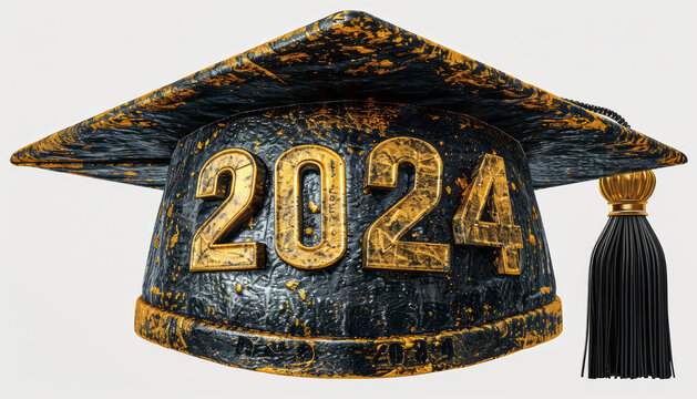 recommend clip art: Black graduation hat clipart, with a black tassel that says "2024",gold letters, isolated on a white background,generative ai