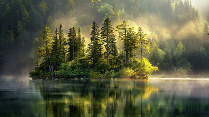 ethereal landscape, clear water, impressive nature scenery, mysterious light, misty, beautiful colors, Cinematic,  Deep relaxation