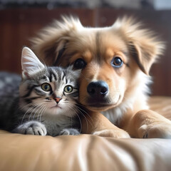 Fototapeta na wymiar Harmonious coexistence of dog and cat
