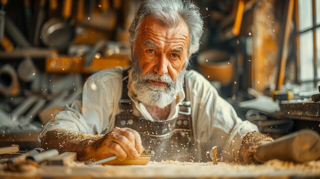 Experienced Craftsman Intently Working in His Woodshop. Generative ai