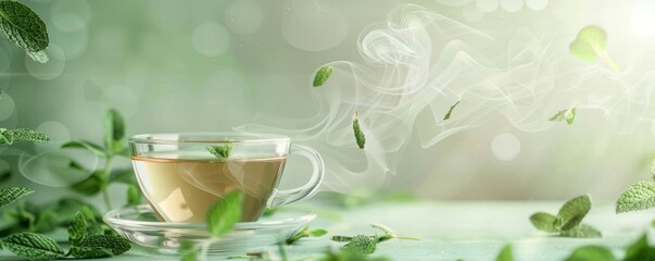 Aromatic herbal tea in a transparent cup surrounded by fresh mint leaves on a soft green background
