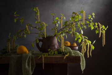Still life with spring birch branches and decorative pumpkins on a dark background