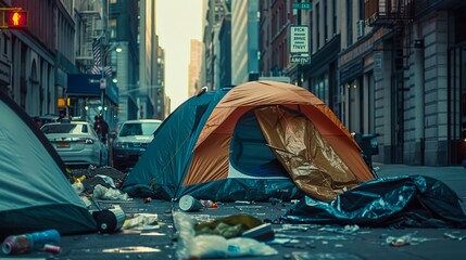 Urban Homelessness: Tents on a Littered City Street at Dusk. Generative ai - obrazy, fototapety, plakaty