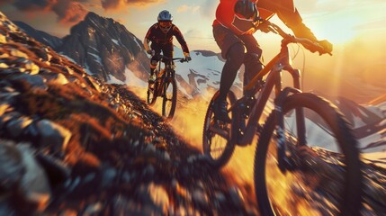 Adrenaline-Fueled Mountain Biking on a Rugged Alpine Trail at Sunset. Generative ai - obrazy, fototapety, plakaty