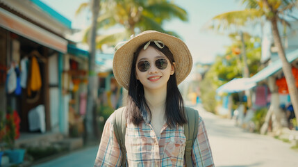 
In the tranquil setting of a coastal town, a young Asian traveler eagerly prepares for her holiday expedition. Dressed in casual attire, she wears a straw beach hat and sunglasses, her backpack 