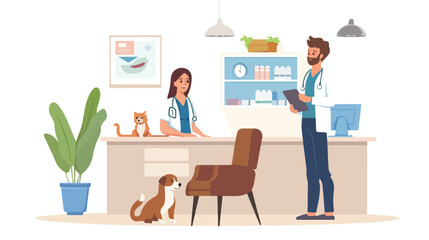 Pet veterinary clinic. Man with dog on reception in v
