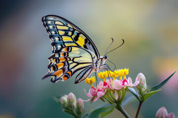 Fototapeta premium Lost in the dreamlike splendor of a butterfly on blooming petals in soft focus.