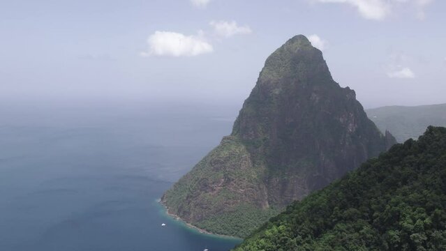 Aerial of Petit Piton from Soufriere on Saint Lucia