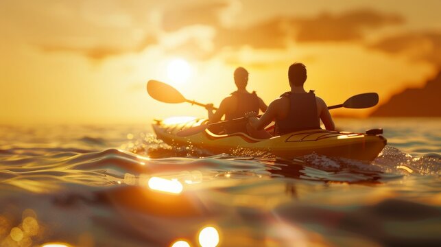 Sunset Kayaking: Serene Adventure on Golden Waters. Generative ai